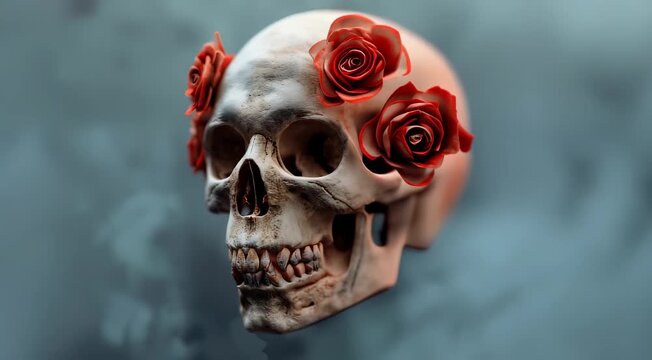 A human skull with red roses placed symmetrically on either side in a foggy, dark background.
