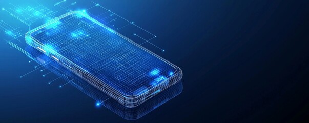 Futuristic digital wireframe of a smartphone glowing blue in a dark space