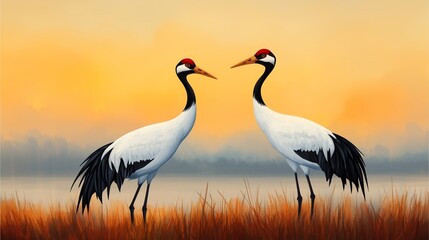 Fototapeta premium Cranes gracefully standing in the marsh, with the sky painted in sunset hues, rendered in a watercolor style.