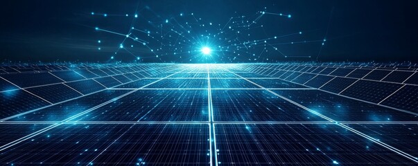 Futuristic illustration of a solar panel array with glowing digital network and blue light