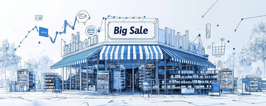 Wireframe illustration of a store with digital elements promoting a big sale