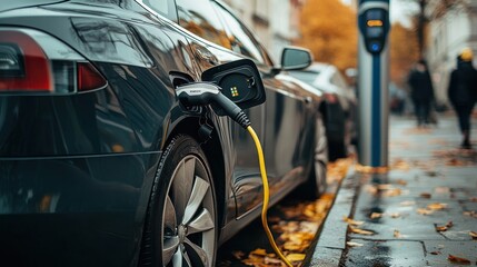 Detailed view of an electric car battery being charged at a public charging station