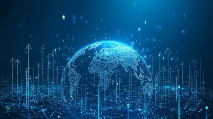 Digital wireframe globe with data streams and upward arrows symbolizing global connectivity and growth