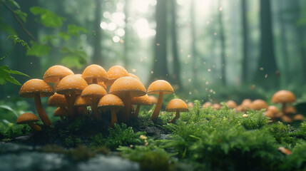 Golden Mushrooms in Mystical Forest