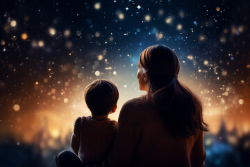 Obraz premium AI generated rear view photo of happy family time together looking sky