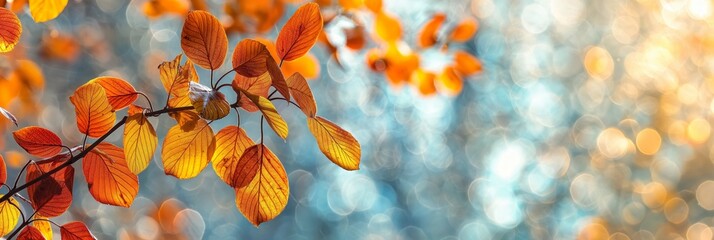 Close-up of vibrant orange autumn leaves with a stunning, sunlit bokeh background, creating a warm and inviting fall atmosphere in nature.