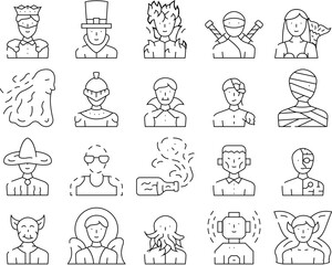 Fototapeta premium Fantasy And Magical Character Icons Set Vector. Zombie And Ghost, Angel And King, Burning And And Frankeinstein, Mummy And Vampire, Fairy And Steampunk Character Contour Illustrations