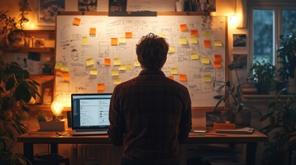 Entrepreneur working on a startup from a home office, with a whiteboard full of ideas