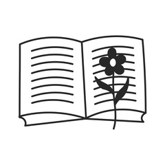 Open Book With Flower on Page Doodle Icon. Reading symbol. Chamomile herbarium sketch. Isolated vector illustration