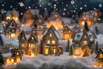 Fototapeta premium enchanted winter village at twilight snowcapped cottages twinkling fairy lights evergreen trees soft snowfall warm golden glow from windows magical atmosphere