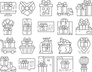 Gift Package Surprise On Holiday Icons Set Vector. Gift Box And Container Packaging, Delivery Service And Carrying, Online Purchase And Discount Coupon Present Contour Illustrations