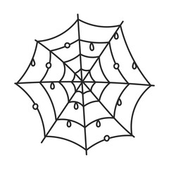 Spider Web with Dew Drops Doodle Line art. Hand drawn cobweb sketch. Isolated vector illustration