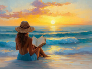 A serene painting of a woman reading a book on the beach at sunset, capturing a moment of relaxation and tranquility by the ocean.