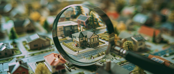 A magnifying glass highlights one house in detail on a map of houses
