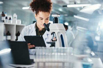 Woman, scientist and tablet with microscope in lab for experiment research, medical data or science...