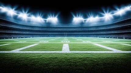 Empty American football field at night with the stadium lights creating a dramatic atmosphere. Before game. Banner
