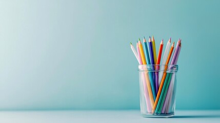 Obraz premium School and learning banner, light blue background, back to school, stationery cup with colored pencils, notebook, and textbooks, copy space