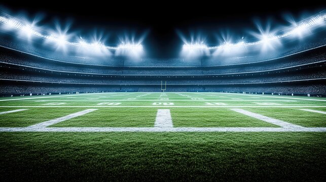 Empty American football field at night with the stadium lights creating a dramatic atmosphere. Before game. Banner