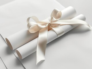 Close-up of a blank white diploma mockup tied with a ribbon