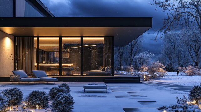 Modern House Patio with Snowy Winter Landscape