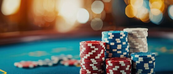 Poker chips stacked on a betting table, casino ambiance, lucky streak, high stakes