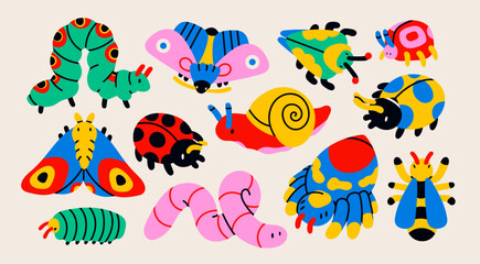 Cute various Insects. Cartoon style characters for kids. Caterpillar, butterfly, snail, spider, wasp, worm. Hand drawn Vector illustration. Isolated design elements. Sticker, print, design template © Dariia