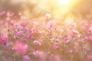 enchanting meadow filled with cosmos flowers in full bloom bathed in golden sunlight soft focus and dreamy atmosphere create romantic painterly scene of natural beauty