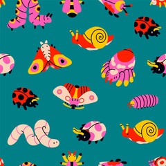 Obraz premium Cute various Insects. Cartoon style characters for kids. Caterpillar, butterfly, snail, spider, wasp, worm. Hand drawn Vector illustration. Square seamless Pattern, background, wallpaper
