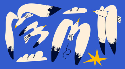 Set of black and white birds, clouds, star. Flying Seagull collection. Different poses. Cartoon style, flat design. Hand drawn trendy Vector illustration. Isolated design elements