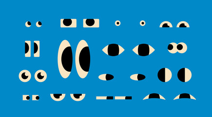 Various Eyes with different Emotions, look, expression. Big, small, suspicious, happy, sad, angry eyes. Cartoon style. Flat design. Hand drawn trendy Vector illustration. Isolated design elements