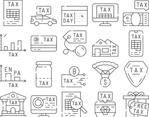 Tax Financial Payment For Income Icons Set Vector. Cryptocurrency And Real Estate House Tax, Gift And Every Dollar, Infographic And Online Pay, Jewelry And Car Contour Illustrations