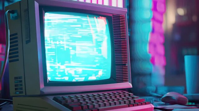 Retro Computer with Digital Glitch Effects and Neon Lighting in Vaporwave Style.
