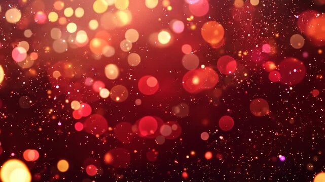 Festive red bokeh lights abstract background. Blurred shiny glitter particles backdrop. Defocused light. Holiday sparkle effect. Magical and dreamy. New Year and Christmas