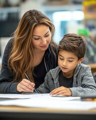 A teacher helping a student at their desk with a difficult assignment