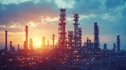 Obraz premium Silhouetted Industrial Complex at Sunset