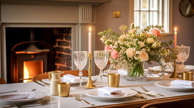 Holiday celebration table decor, festive tablescape in dining room, candles and flowers decoration for formal family dinner in the English country house, countryside interior design motif