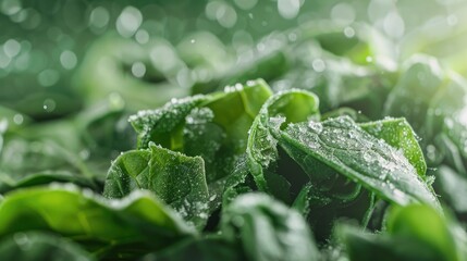 Close up shot of frozen spinach portion in focus