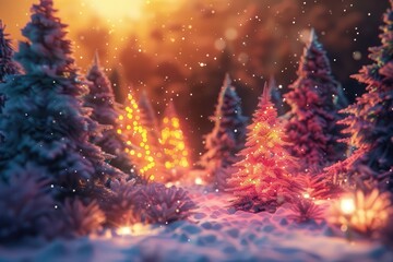 Fototapeta premium enchanting winter scene with colorfully decorated christmas trees glowing in snowy landscape