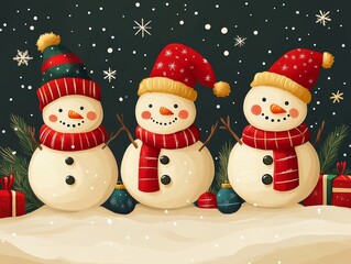 Three cheerful snowmen in festive hats stand in a snowy landscape, surrounded by Christmas gifts and falling snowflakes.