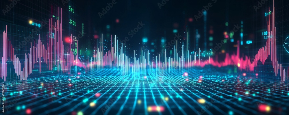 Poster futuristic wireframe graph with fluctuating data points and neon lights