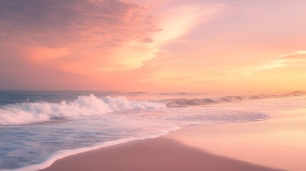 Obraz premium Ocean Sunset with Soft Pink Hues and Foamy Waves
