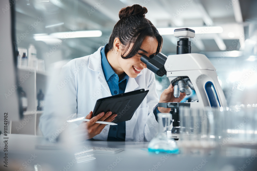 Aufkleber scientist, woman and microscope with tablet in lab for experiment research, medical data and science