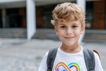 Smiling little boy with autism infinity rainbow symbol sign on white t-shirt standing near school. World autism awareness day, autism rights movement, neurodiversity, autistic acceptance movement