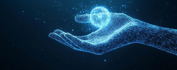 Digital wireframe hand holding a glowing orb against a dark background