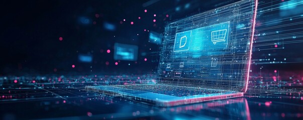 Fototapeta premium Futuristic wireframe laptop with digital interface and neon lights