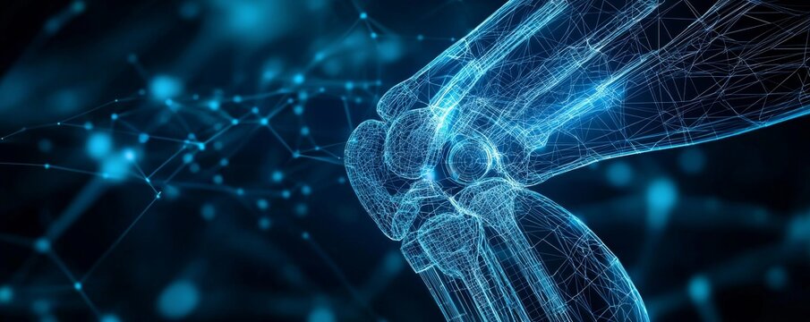 Wireframe illustration of a digital knee joint with technological network background - Powered by Adobe