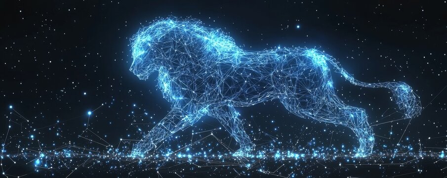 Wireframe Leo constellation illustration with glowing blue lines against a starry night sky