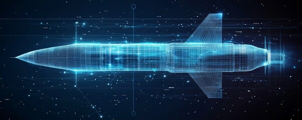 Futuristic wireframe missile with digital technology elements against dark background