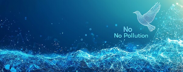 Wireframe ocean illustration with a flying bird and no pollution concept