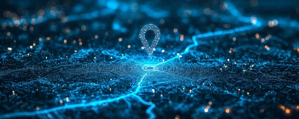 Digital wireframe map with pin location marker highlighting navigation and routes in an illuminated urban landscape